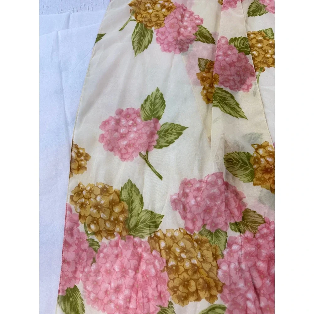 Vintage Sheer Floral Hydrangea Scarf Pink Yellow Cream Lightweight Rectangular